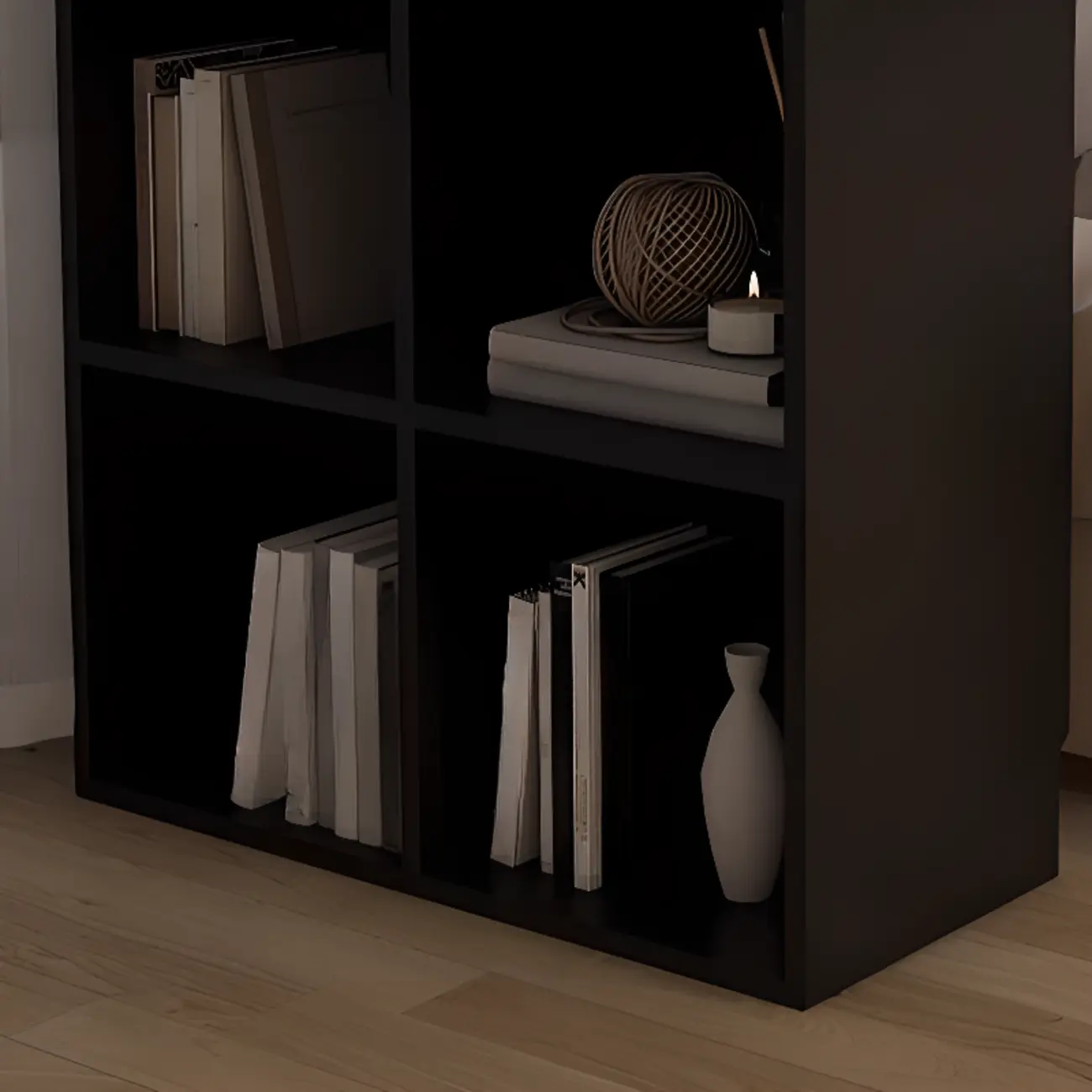 Black Short Cube Wood Bookshelf with Drawers Cabinet Image - 8 | homeyfad