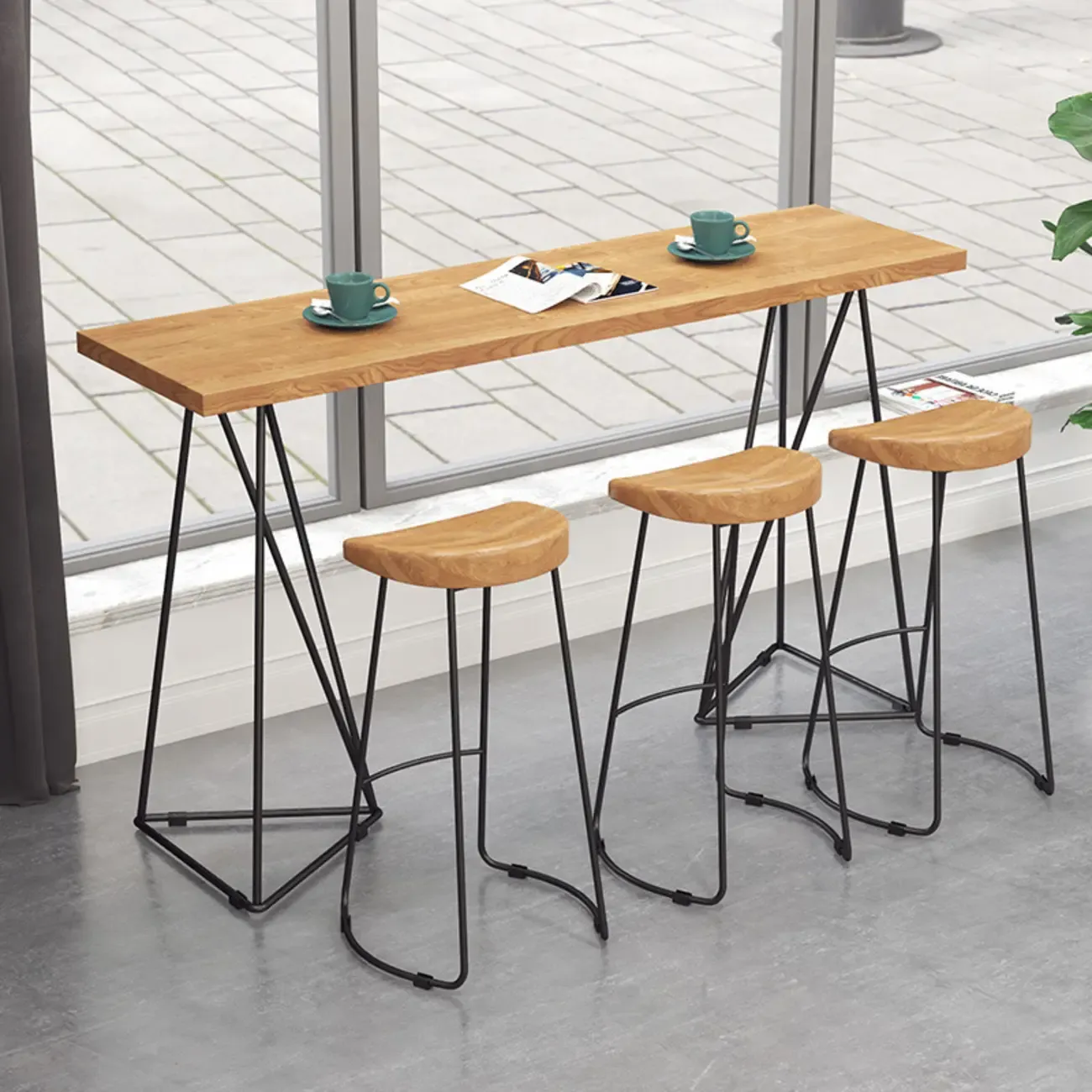 Glam Natural Finish Wooden Fixed Top Bar Tables Image - 1