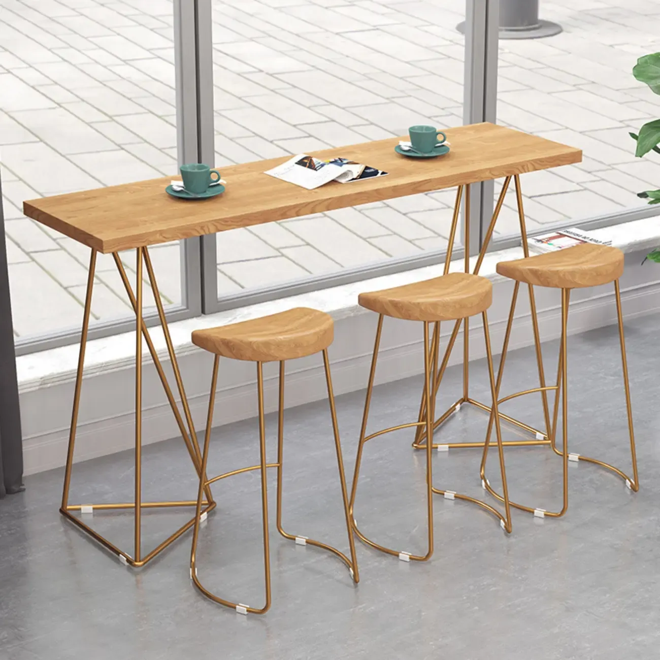 Glam Natural Finish Wooden Fixed Top Bar Tables Image - 2