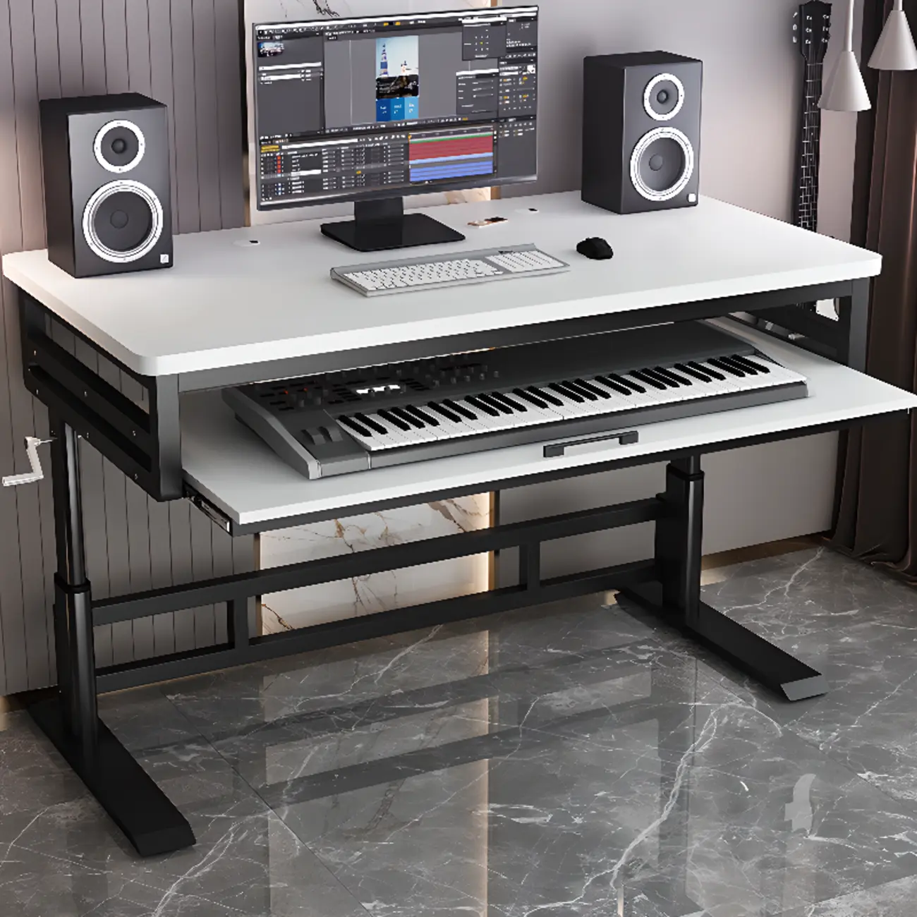White Black Adjustable Standing Desk with Keyboard Tray Image - 1 | homeyfad
