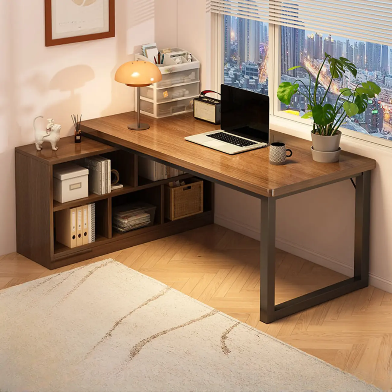 L-Shape Modern Walnut Wooden Office Desk with Storage Image - 1 | homeyfad