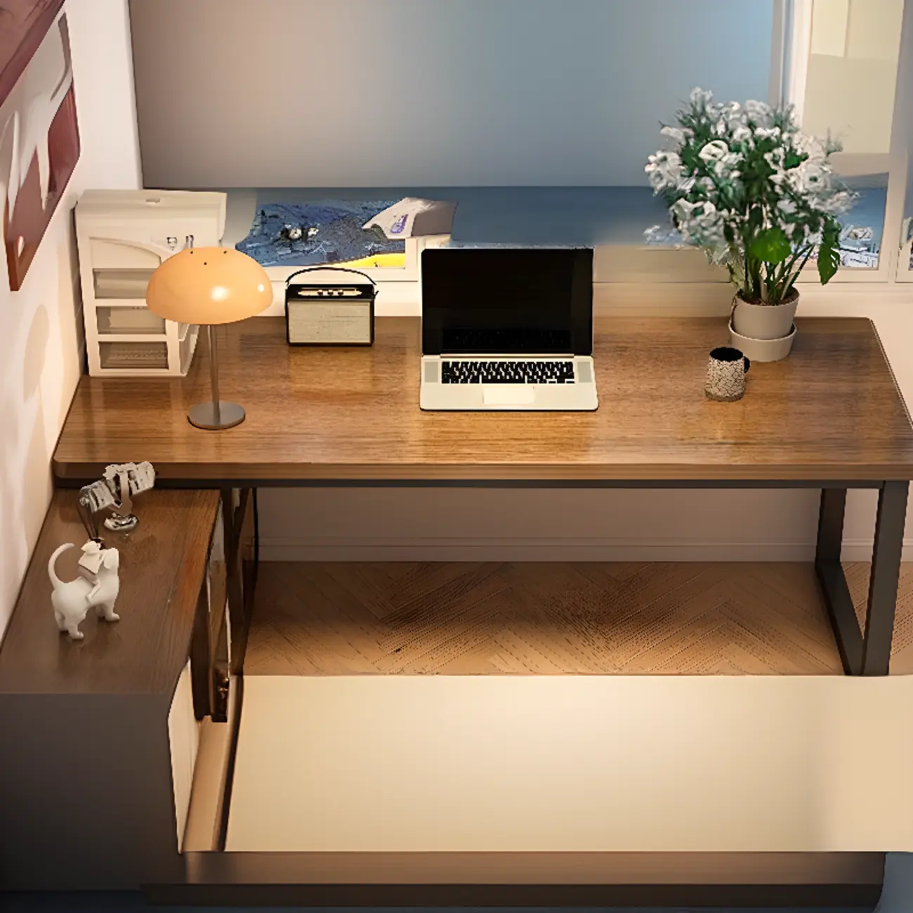 L-Shape Modern Walnut Wooden Office Desk with Storage Image - 2 | homeyfad