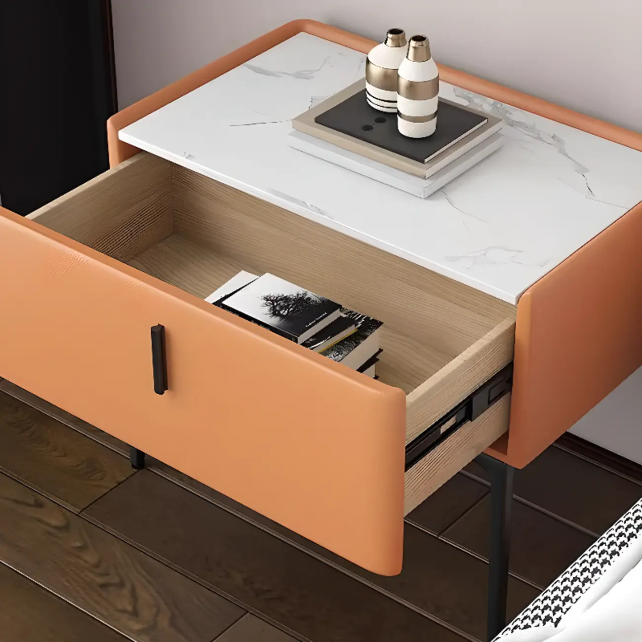 Modern 1 Tier Drawer Nightstand with Faux Marble Countertop Image - 6 | homeyfad