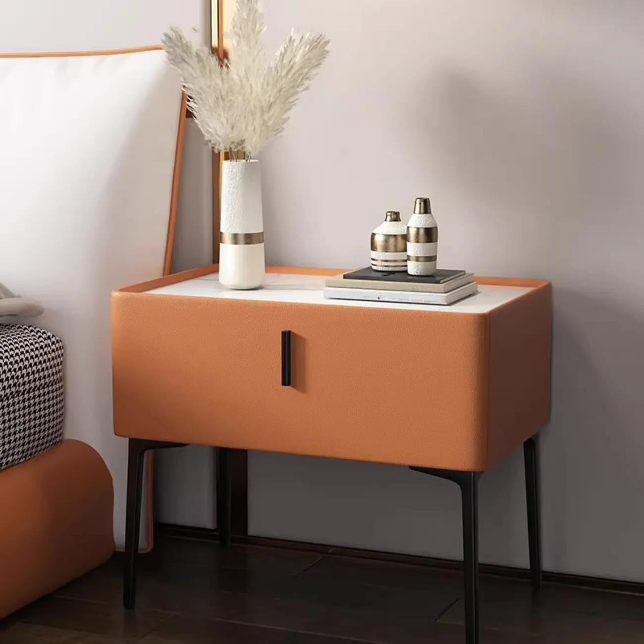 Modern 1 Tier Drawer Nightstand with Faux Marble Countertop Image - 2 | homeyfad