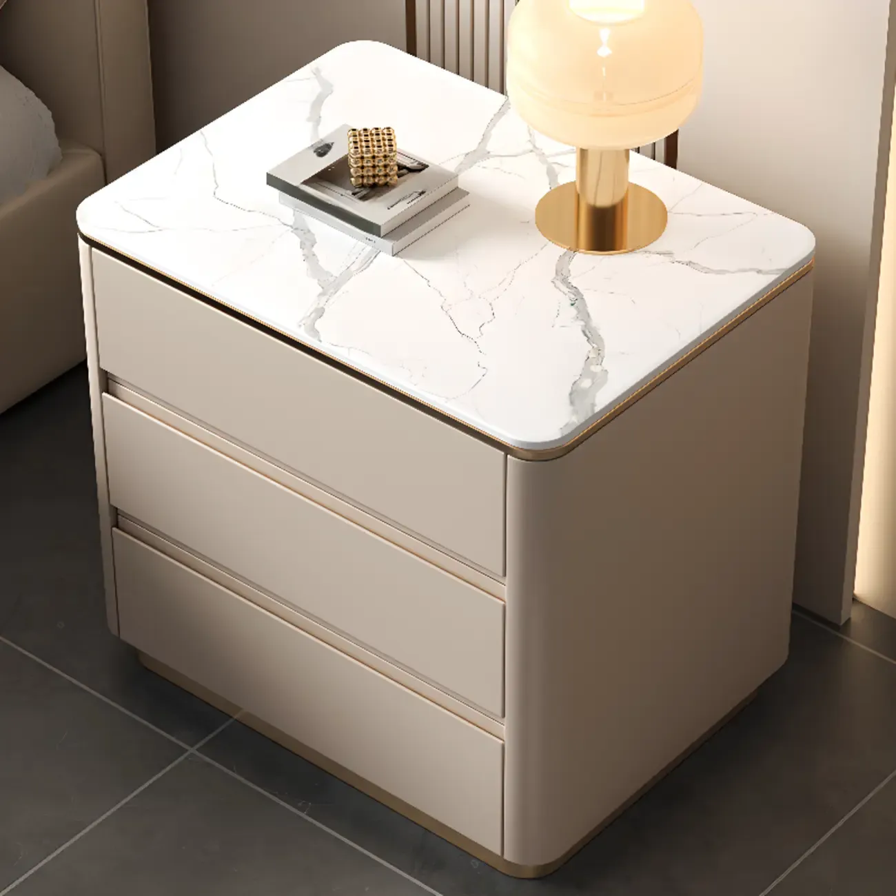 Modern Faux Marble Top Wood 3-Drawer Nightstand Image - 2