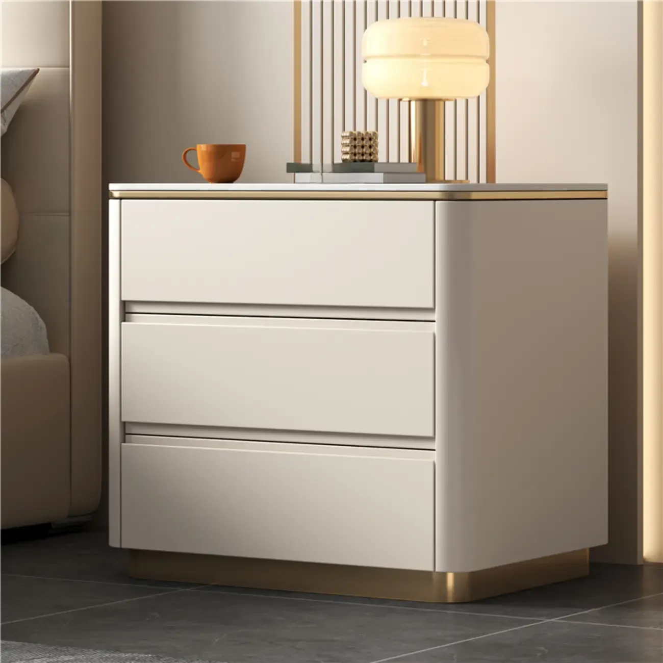 Modern Faux Marble Top Wood 3-Drawer Nightstand Image - 3