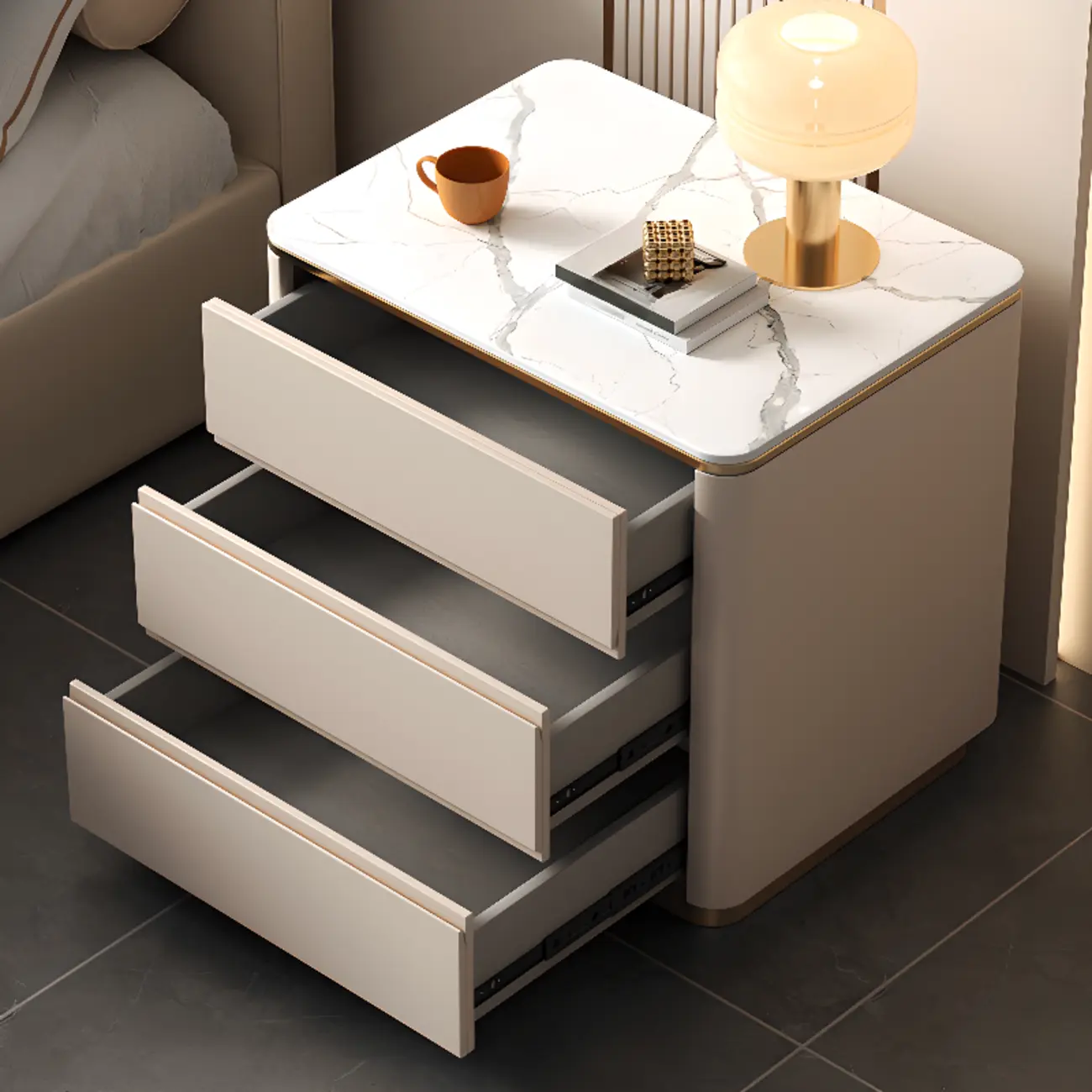 Modern Faux Marble Top Wood 3-Drawer Nightstand Image - 4 | homeyfad