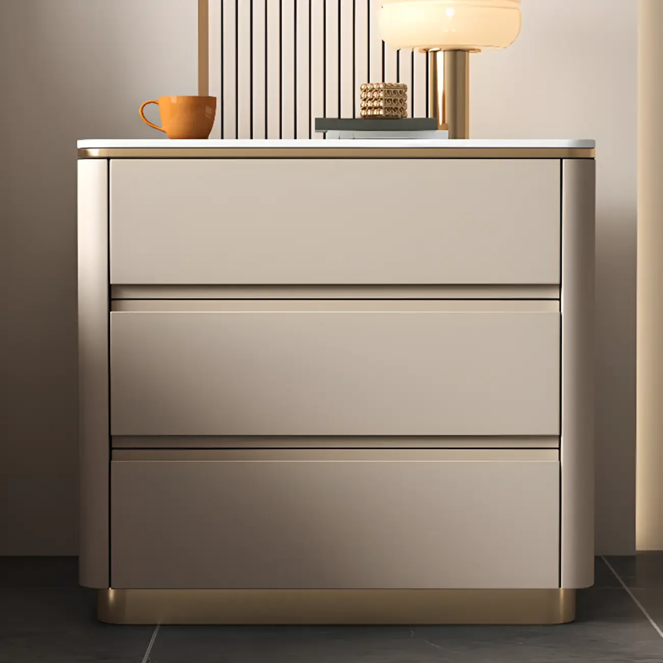 Modern Faux Marble Top Wood 3-Drawer Nightstand Image - 6