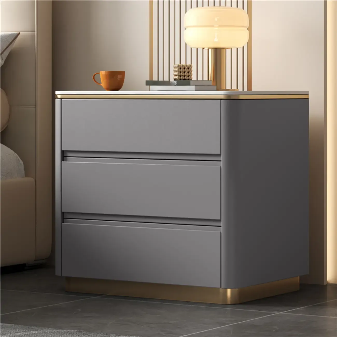 Modern Faux Marble Top Wood 3-Drawer Nightstand Image - 7