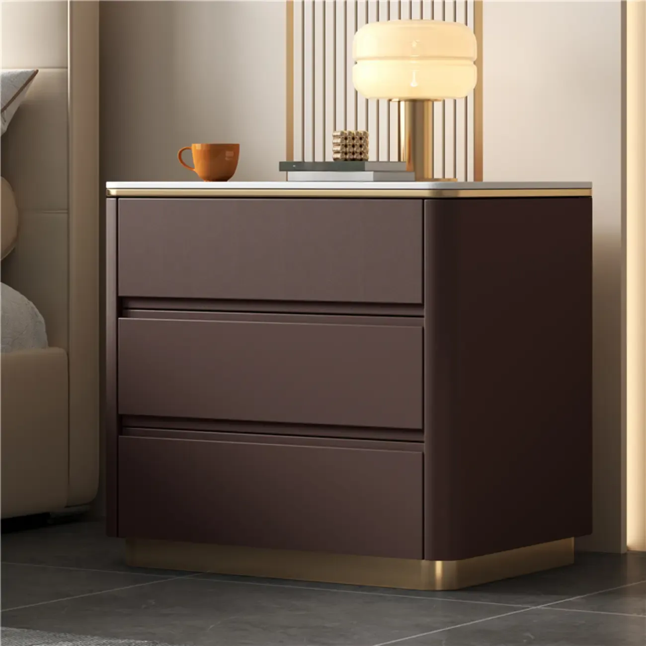 Modern Faux Marble Top Wood 3-Drawer Nightstand Image - 11