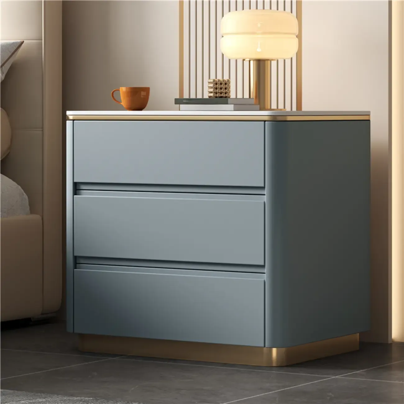 Modern Faux Marble Top Wood 3-Drawer Nightstand Image - 12