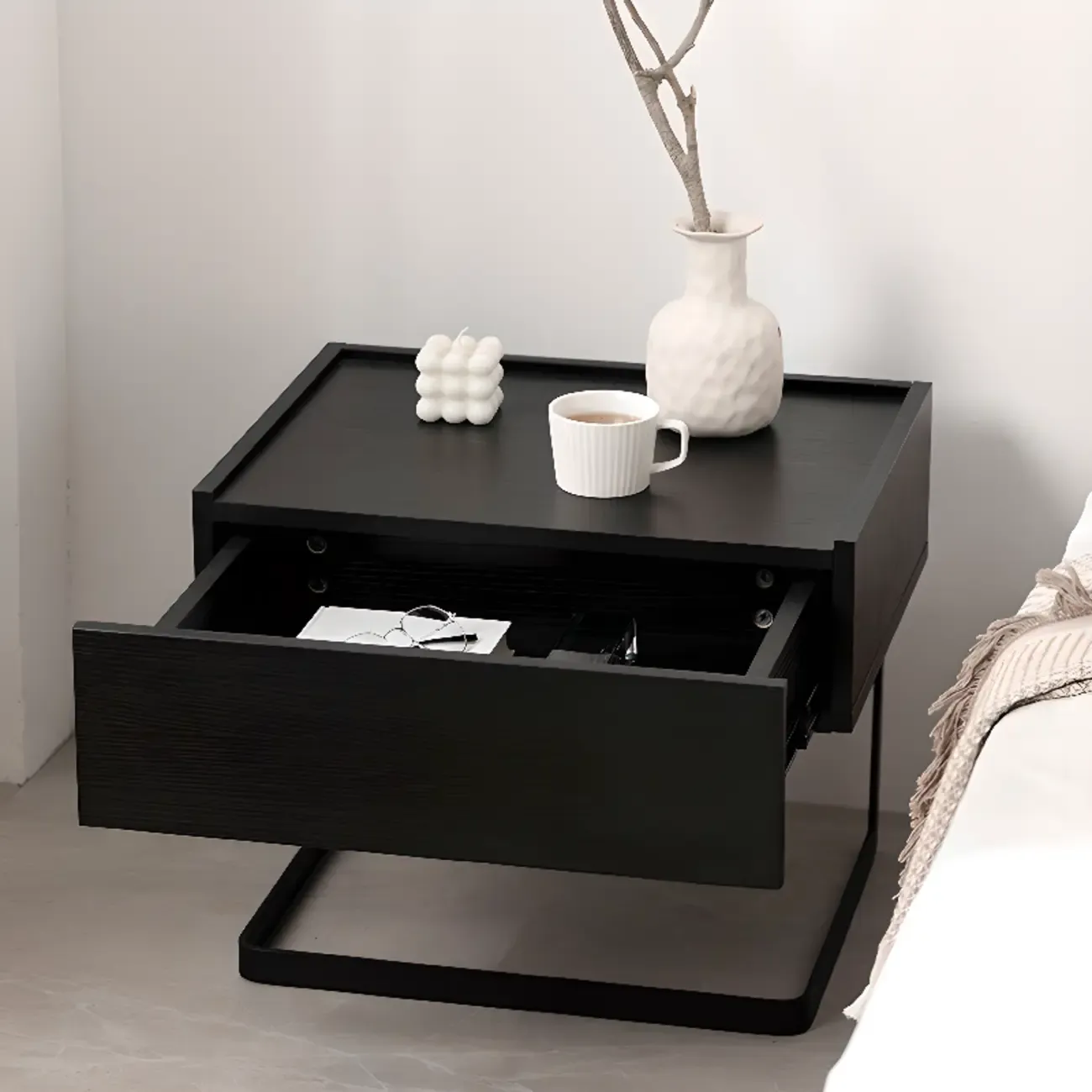 Modern Black Wood Compact Drawer Nightstand Image - 3