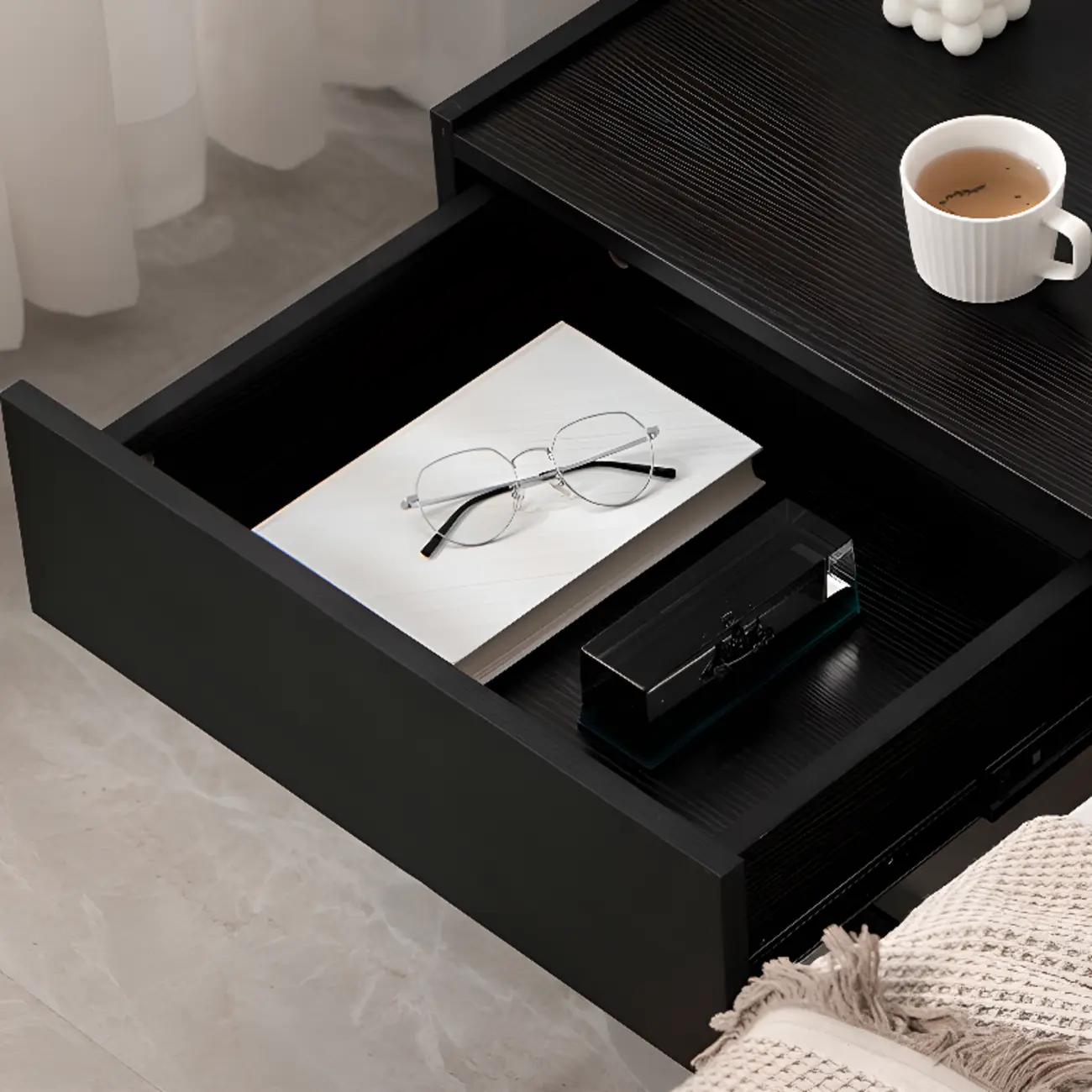 Modern Black Wood Compact Drawer Nightstand Image - 6 | homeyfad