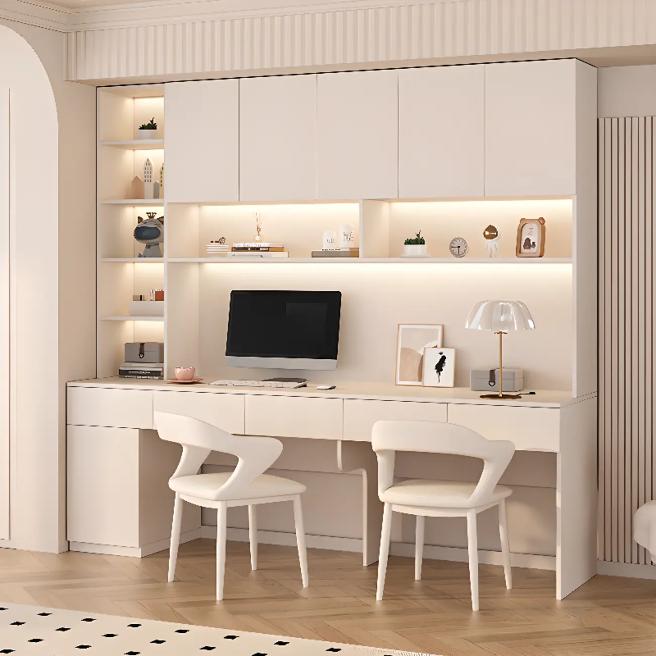 Minimalist White Wooden Computer Desk with Hutch & Storage Image - 1 | homeyfad