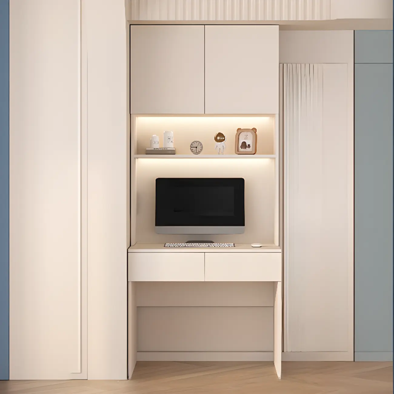 Minimalist White Wooden Computer Desk with Hutch & Storage Image - 3 | homeyfad