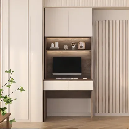 Minimalist White Wooden Computer Desk with Hutch & Storage Image - 4