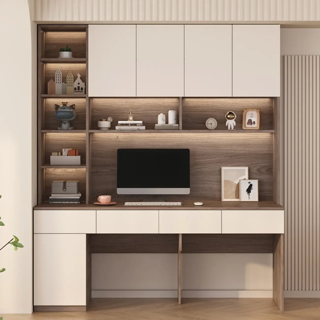 Minimalist White Wooden Computer Desk with Hutch & Storage Image - 2