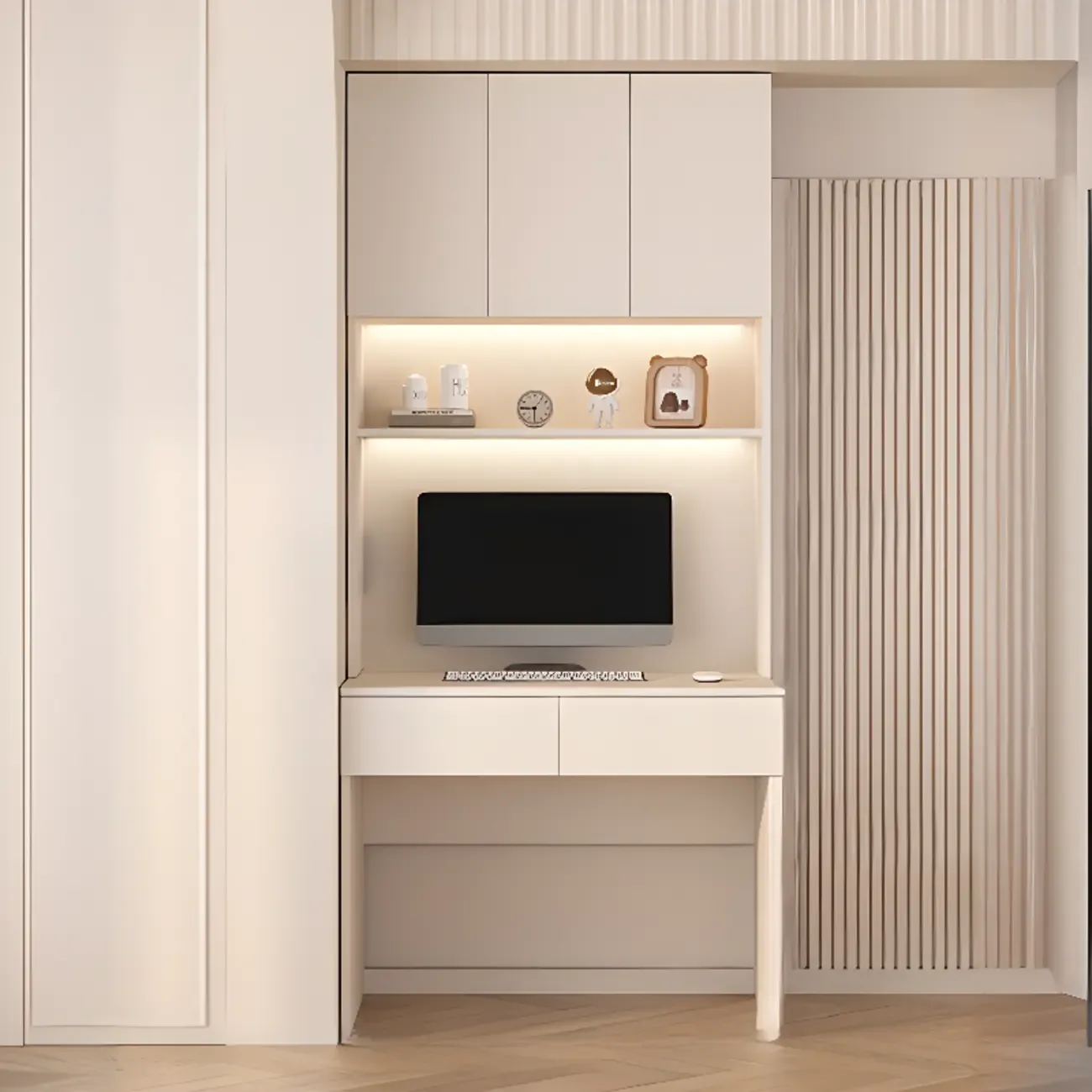 Minimalist White Wooden Computer Desk with Hutch & Storage Image - 5