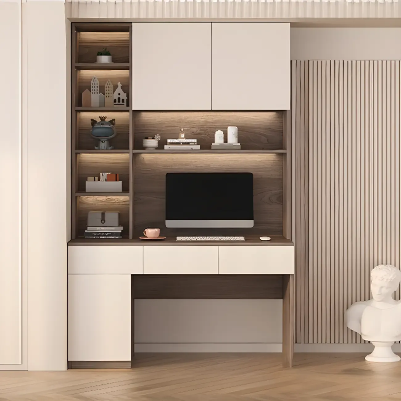 Minimalist White Wooden Computer Desk with Hutch & Storage Image - 6