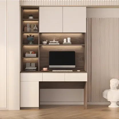 Minimalist White Wooden Computer Desk with Hutch & Storage Image - 6