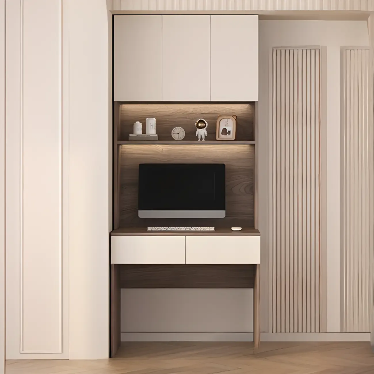 Minimalist White Wooden Computer Desk with Hutch & Storage Image - 7