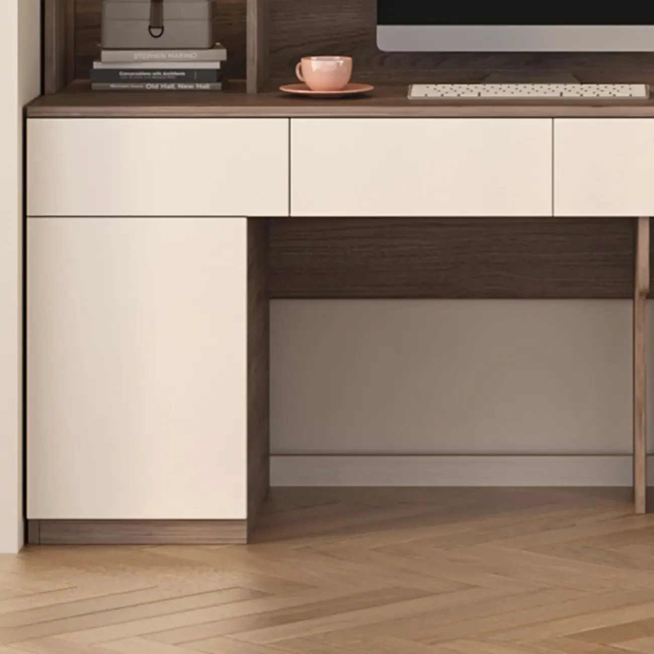 Minimalist White Wooden Computer Desk with Hutch & Storage Image - 8