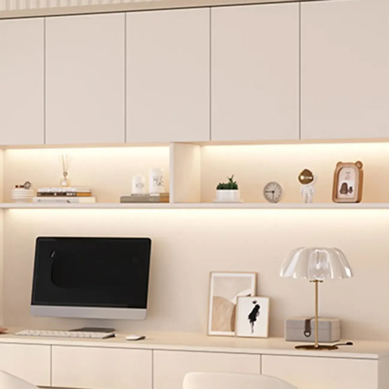 Minimalist White Wooden Computer Desk with Hutch & Storage Image - 10