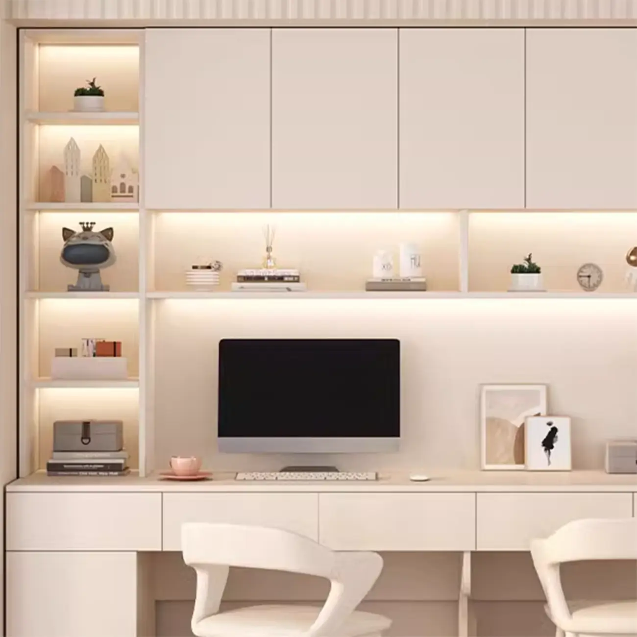 Minimalist White Wooden Computer Desk with Hutch & Storage Image - 11 | homeyfad