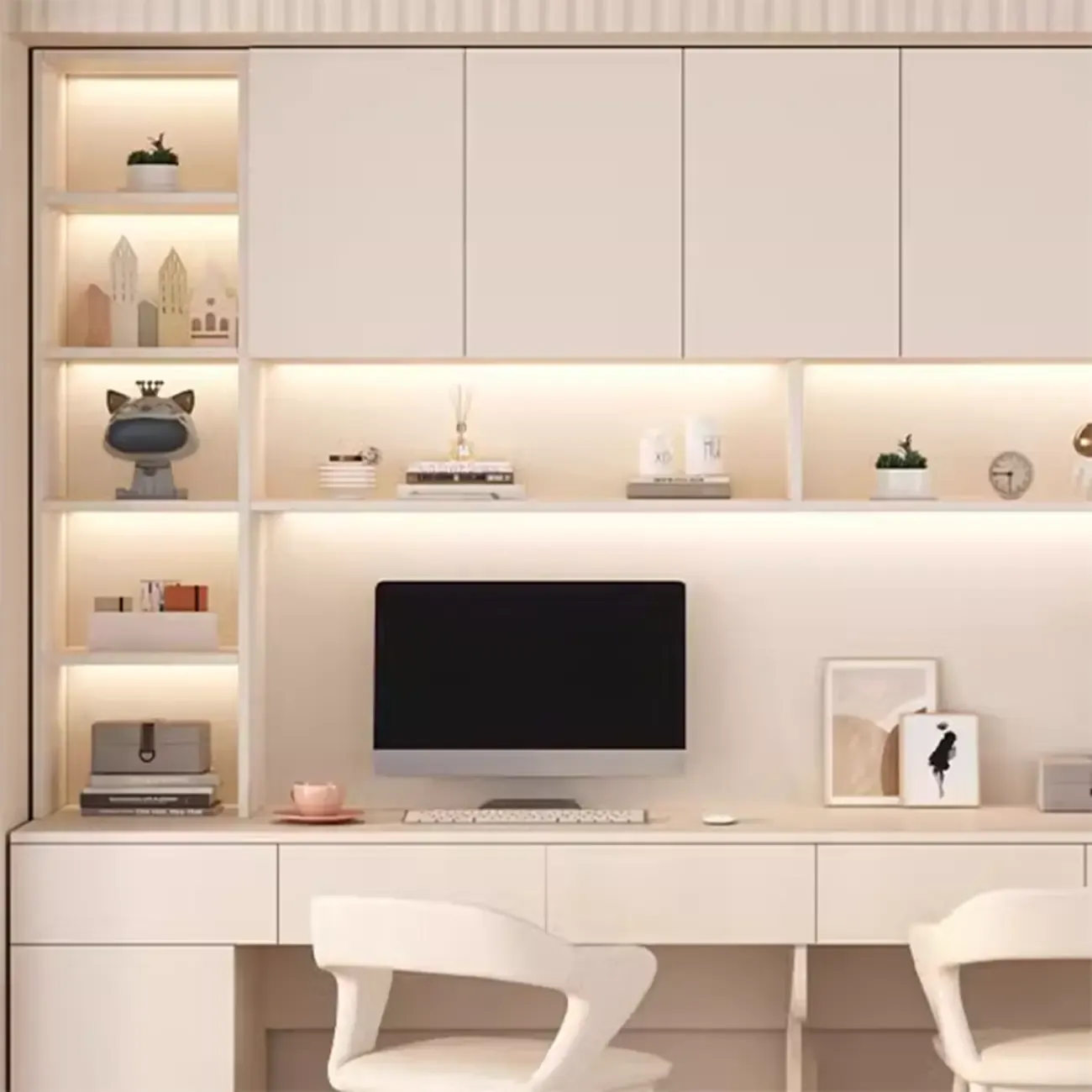 Minimalist White Wooden Computer Desk with Hutch & Storage Image - 11