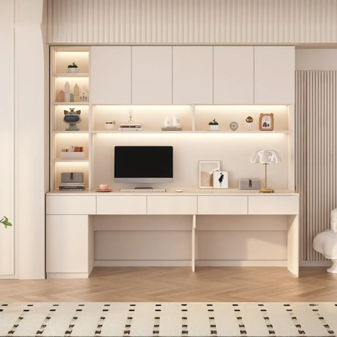 Minimalist White Wooden Computer Desk with Hutch & Storage Image - 12