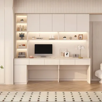 Minimalist White Wooden Computer Desk with Hutch & Storage Image - 12