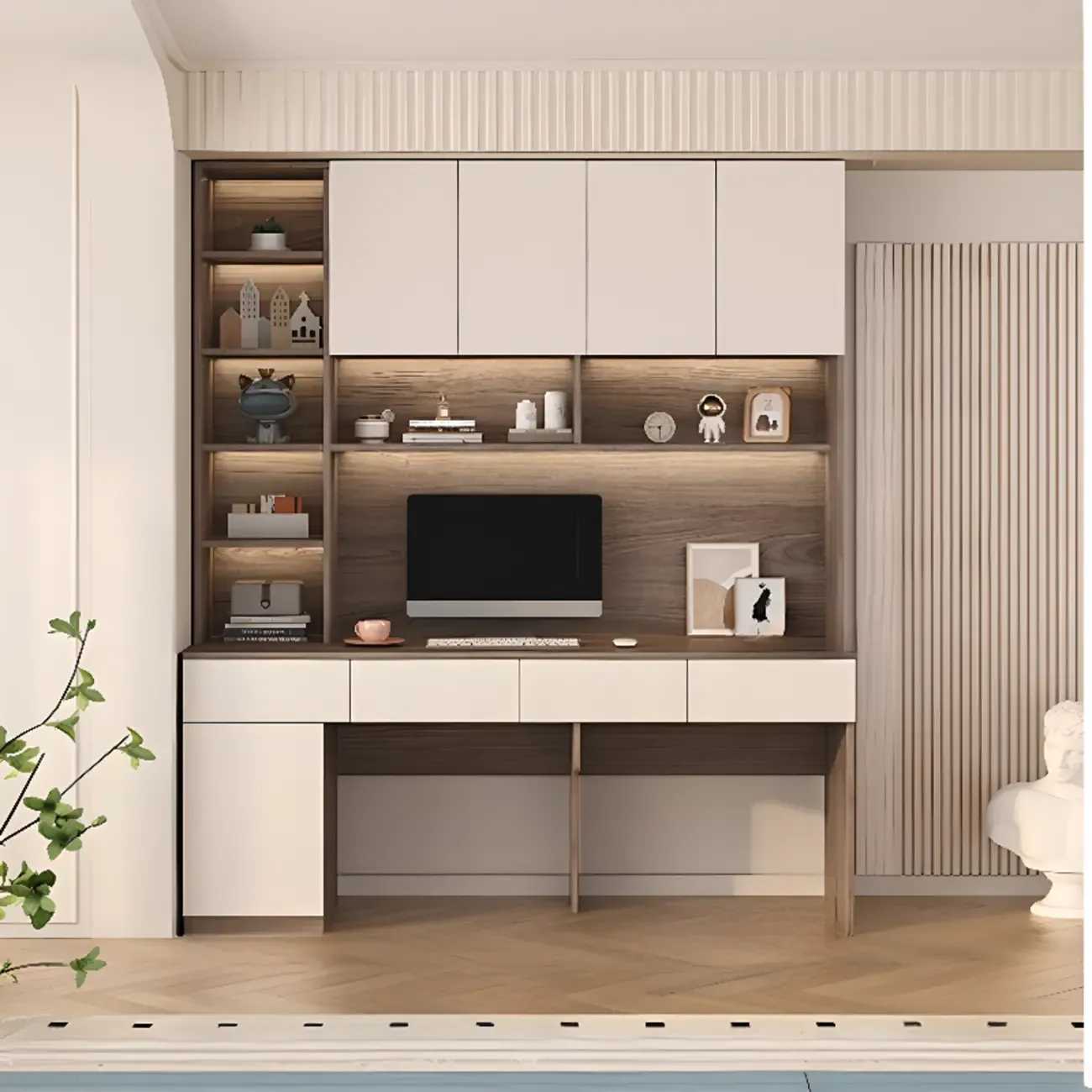 Minimalist White Wooden Computer Desk with Hutch & Storage Image - 15