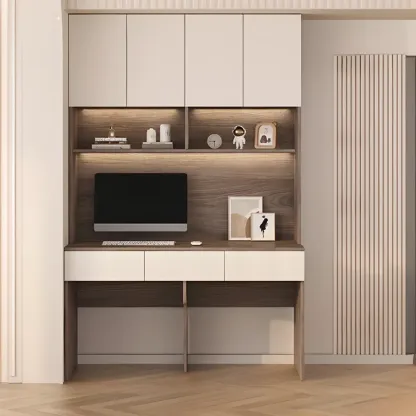 Minimalist White Wooden Computer Desk with Hutch & Storage Image - 16