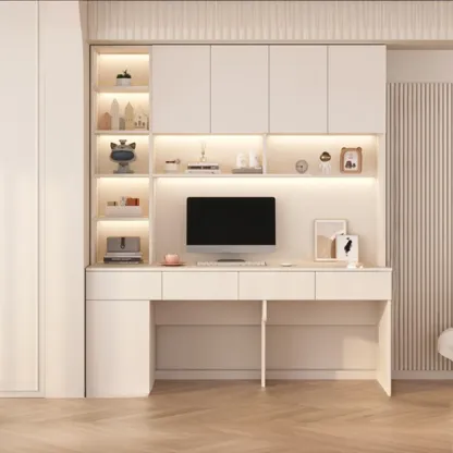 Minimalist White Wooden Computer Desk with Hutch & Storage Image - 17