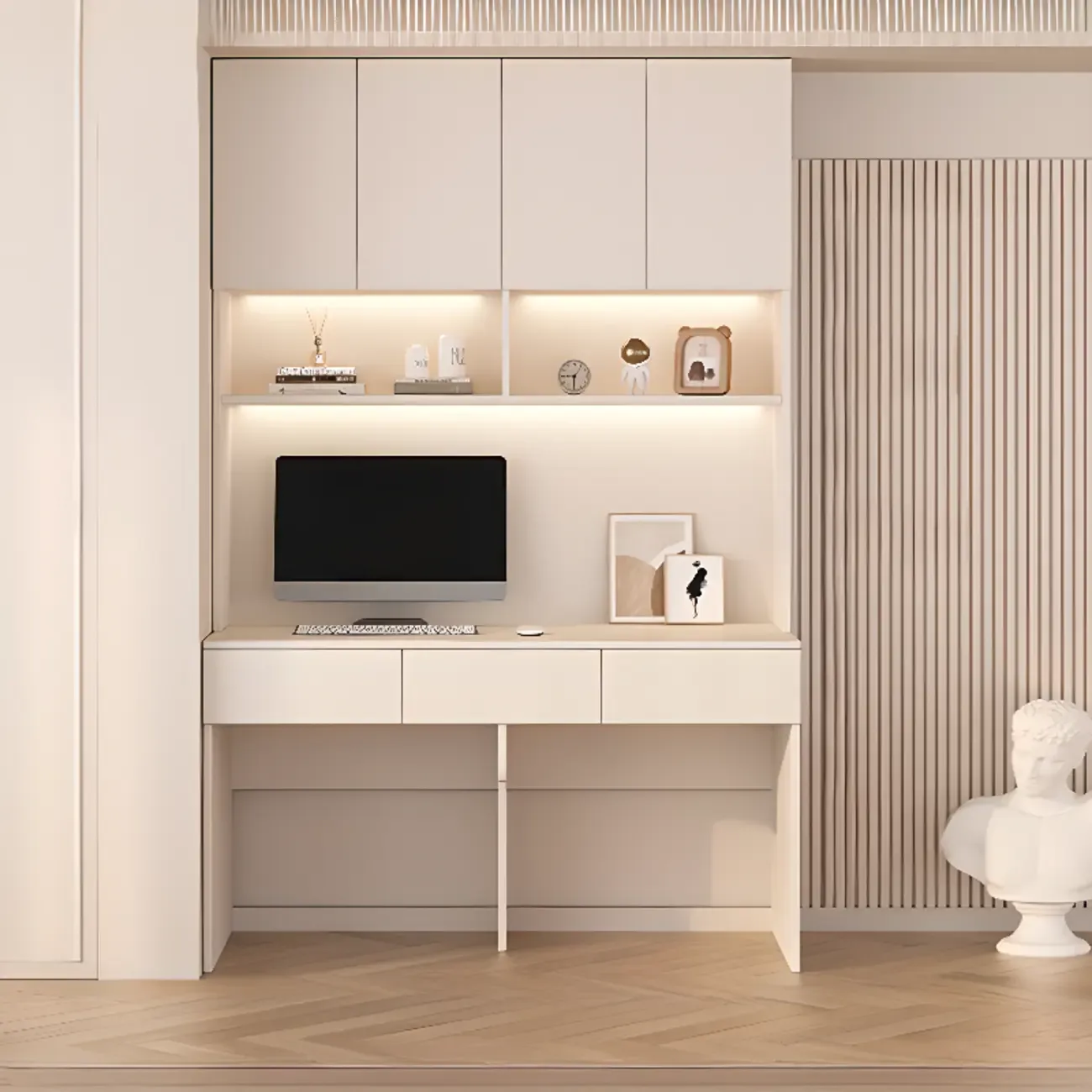Minimalist White Wooden Computer Desk with Hutch & Storage Image - 18