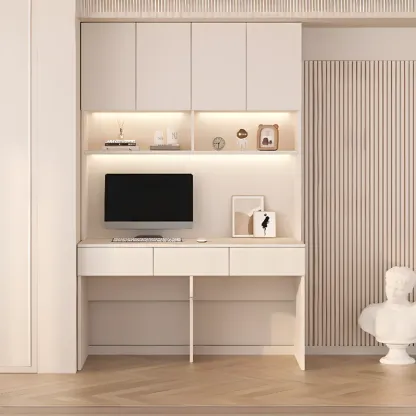 Minimalist White Wooden Computer Desk with Hutch & Storage Image - 18