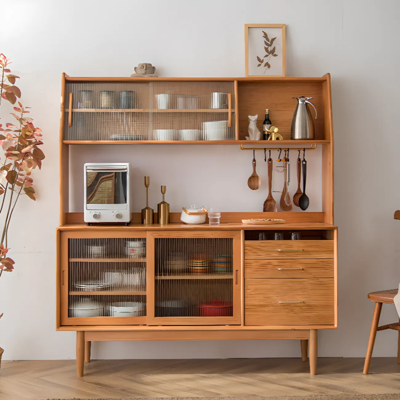 Natural Wooden 3-Drawer Sliding Door Buffet Cabinet Image - 4 | homeyfad