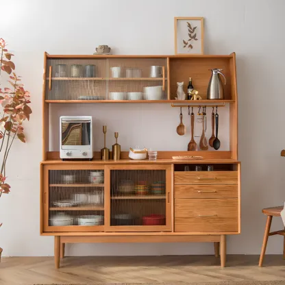 Natural Wooden 3-Drawer Sliding Door Buffet Cabinet Image - 4