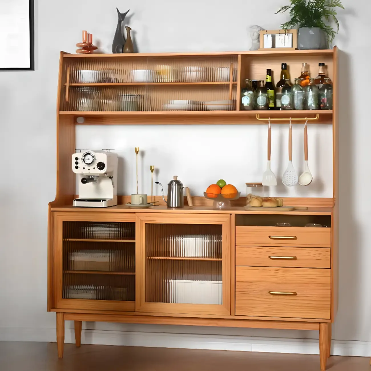 Natural Wooden 3-Drawer Sliding Door Buffet Cabinet Image - 1