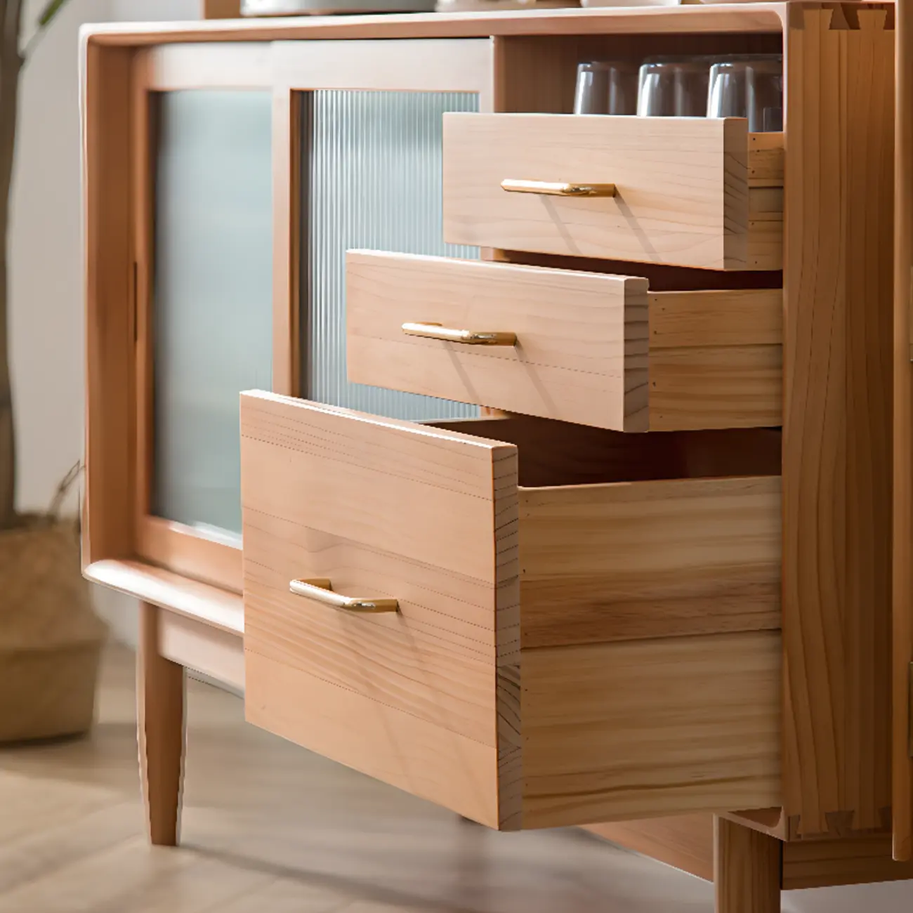 Natural Wooden 3-Drawer Sliding Door Buffet Cabinet Image - 3 | homeyfad