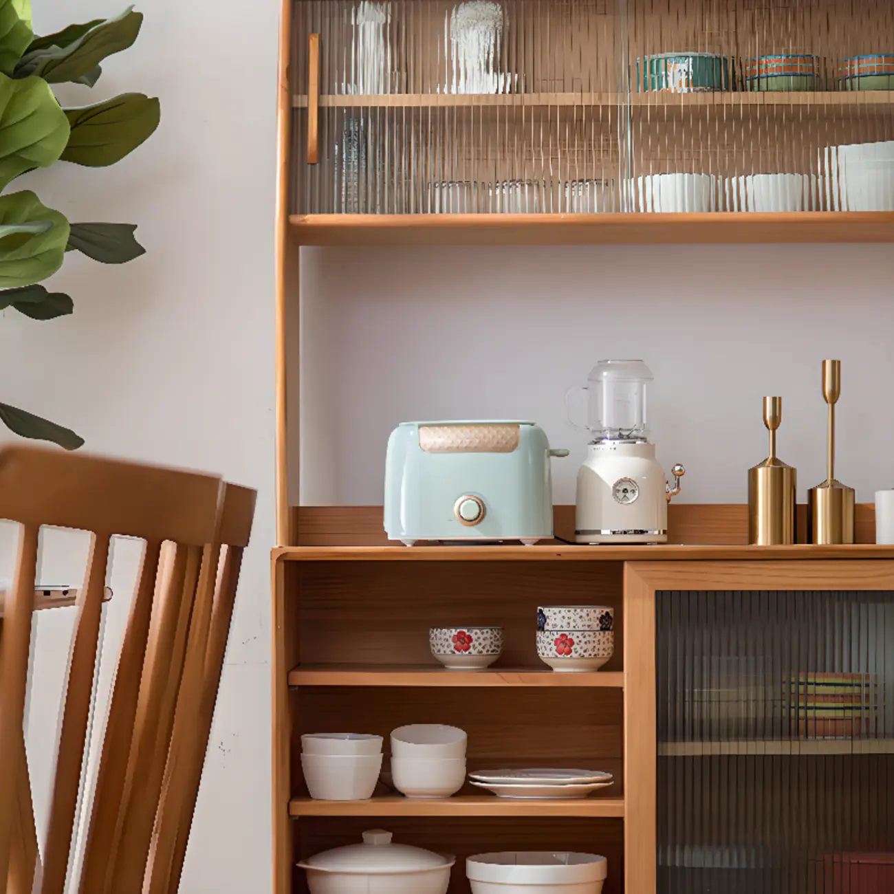 Natural Wooden 3-Drawer Sliding Door Buffet Cabinet Image - 10 | homeyfad