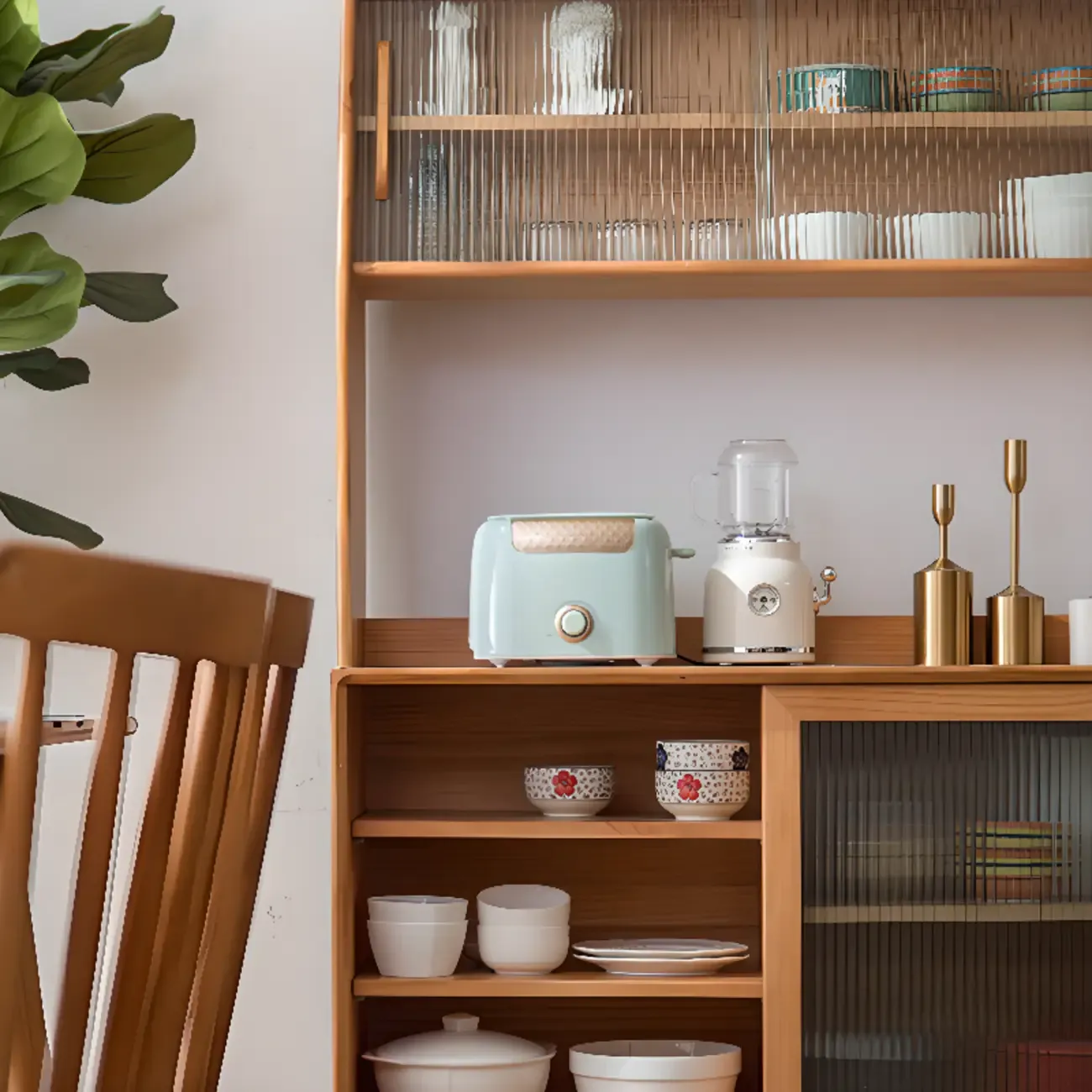 Natural Wooden 3-Drawer Sliding Door Buffet Cabinet Image - 10