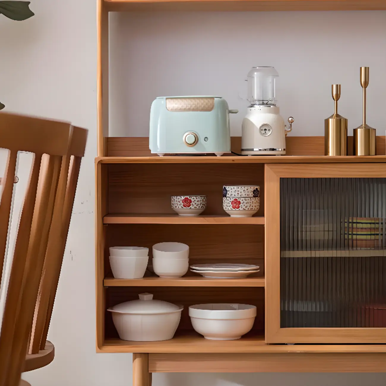 Natural Wooden 3-Drawer Sliding Door Buffet Cabinet Image - 13 | homeyfad