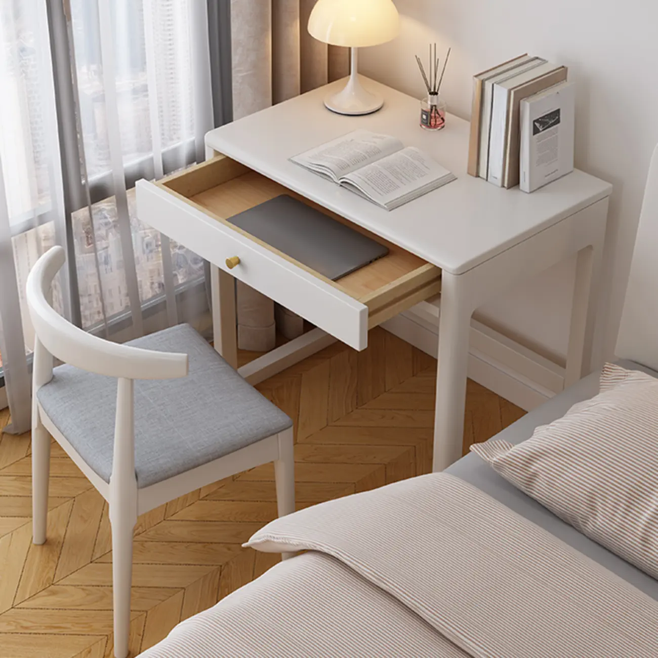 31.5"L Modern White Wooden Drawer Office Desk for Bedside Image - 2 | homeyfad