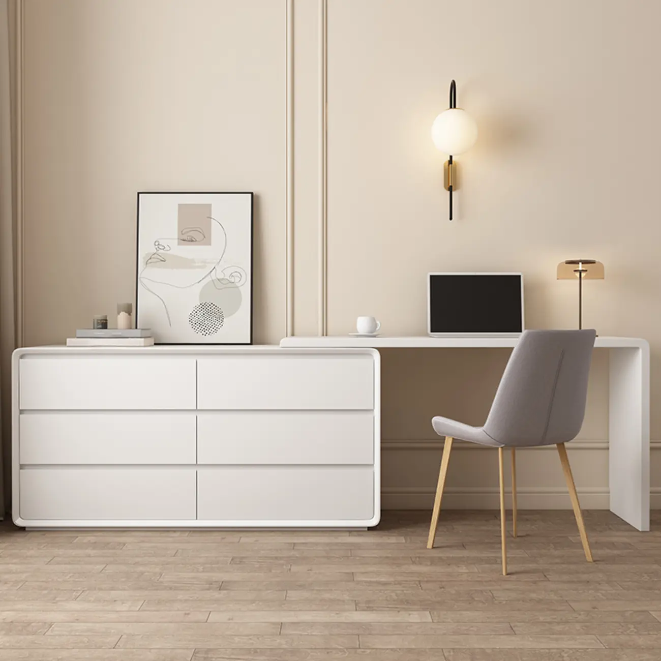 Sleek Beige Wood Clean Lines Office Desk with 6 Drawers Image - 2 | homeyfad