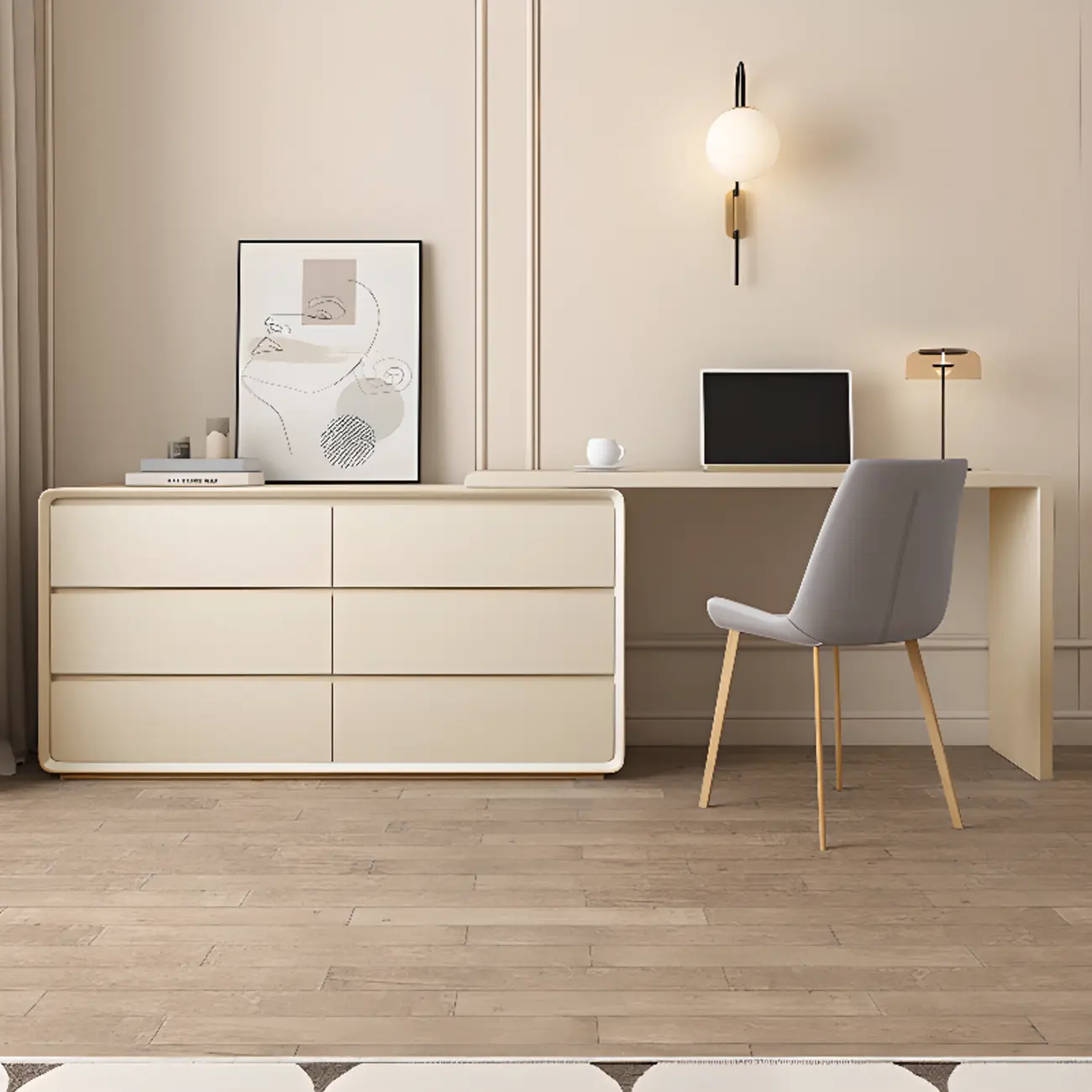 Sleek Beige Wood Clean Lines Office Desk with 6 Drawers Image - 1 | homeyfad