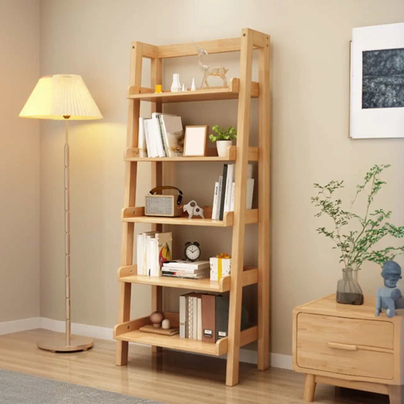 Scandinavian Rectangle Wood 5-Tier Ladder Bookcase Image - 1 | homeyfad