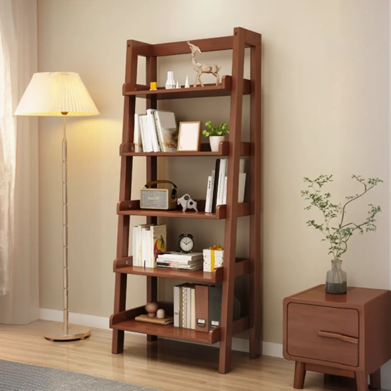 Scandinavian Rectangle Wood 5-Tier Ladder Bookcase Image - 2 | homeyfad