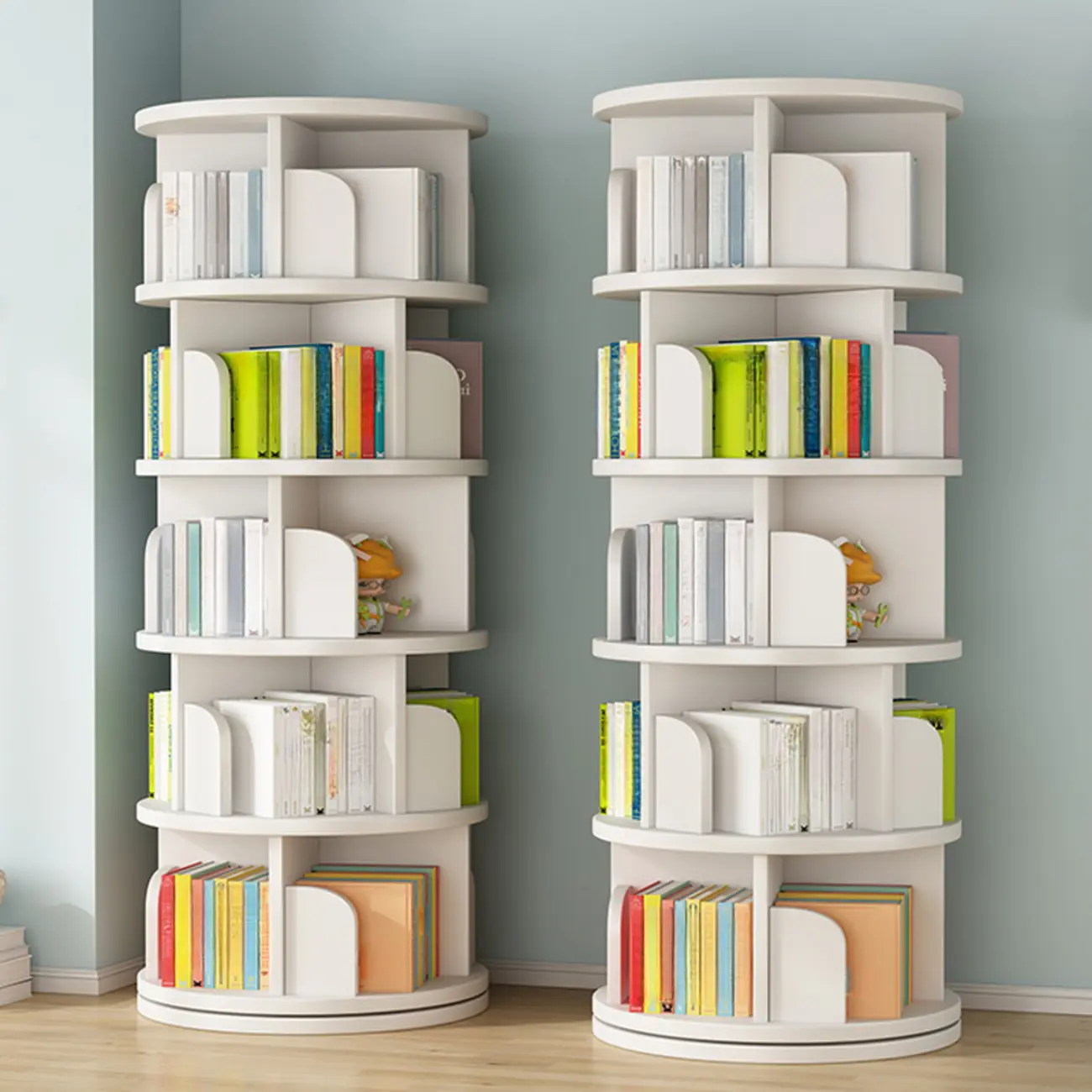 White Modern Rotatable Round Wood Vertical Bookcase Image - 1 | homeyfad