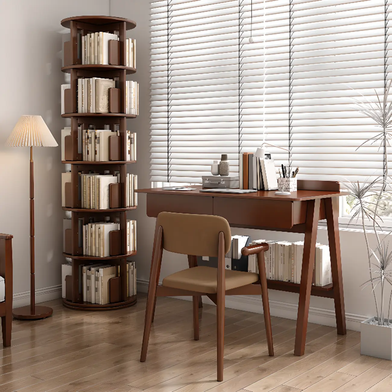 Medium Rotatable Nut-brown Wooden Vertical Bookcase Image - 1 | homeyfad